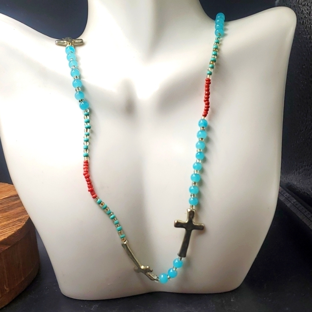 N1212 cerulean aquamarine moonstone cross necklace